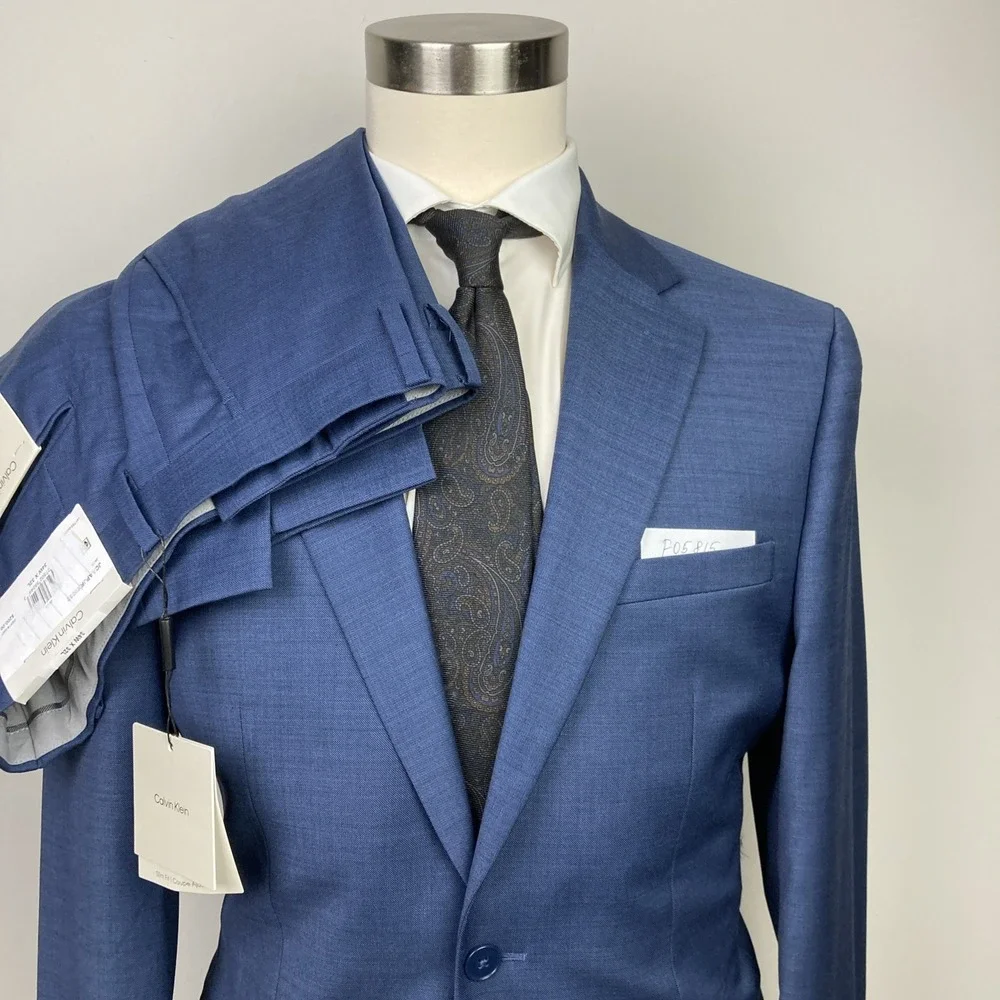 Calvin Klein Mens Slim fit 2-pc Suit Jacket Blazer 42R Pants 34W 32L Navy Blue